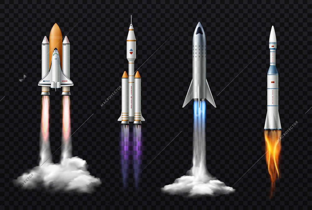 Rocket launch realistic set with isolated images of space mission rockets with smoke on transparent background vector illustration