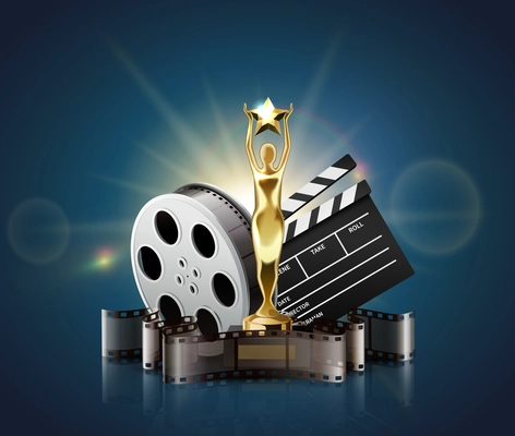Film stripes reels realistic composition with light glows and golden figurine award with clapper and bobbin vector illustration