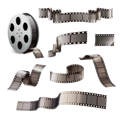 Film stripes reels realistic set of isolated images on blank background with reel curves and bobbin vector illustration