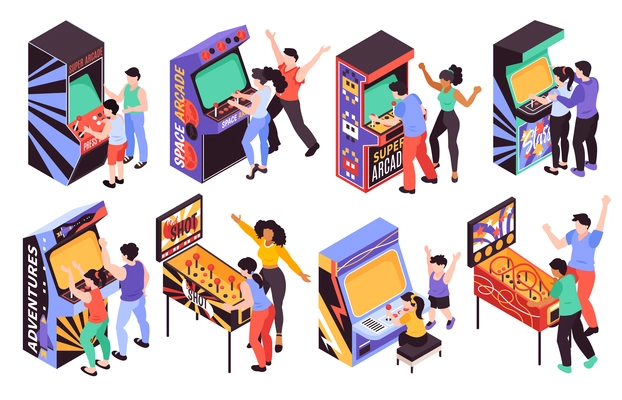 Adult teen and kid persons playing on retro arcade game machines isometric set isolated vector illustration