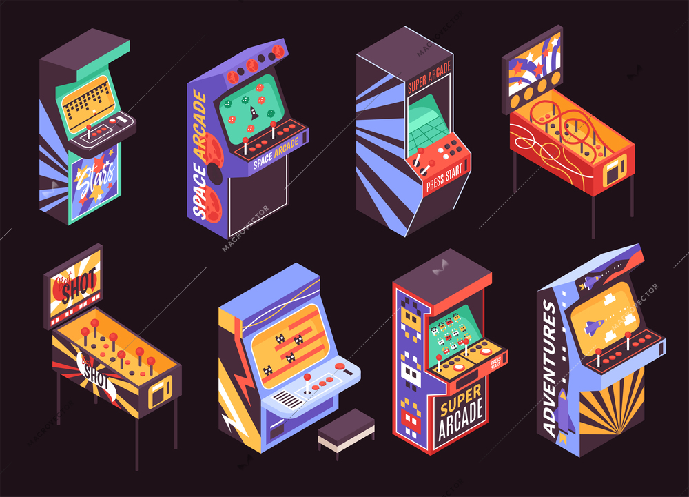 Retro arcade game machines isometric colorful icons set on dark background isolated vector illustration