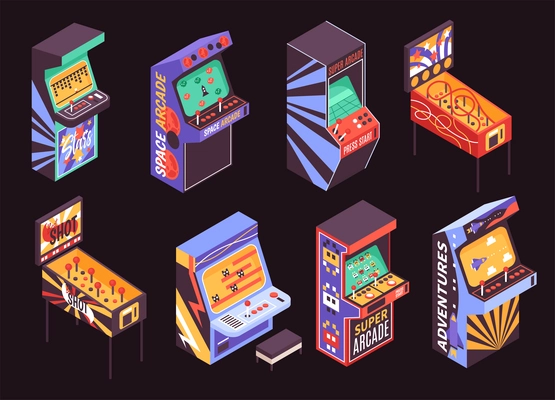 Retro arcade game machines isometric colorful icons set on dark background isolated vector illustration