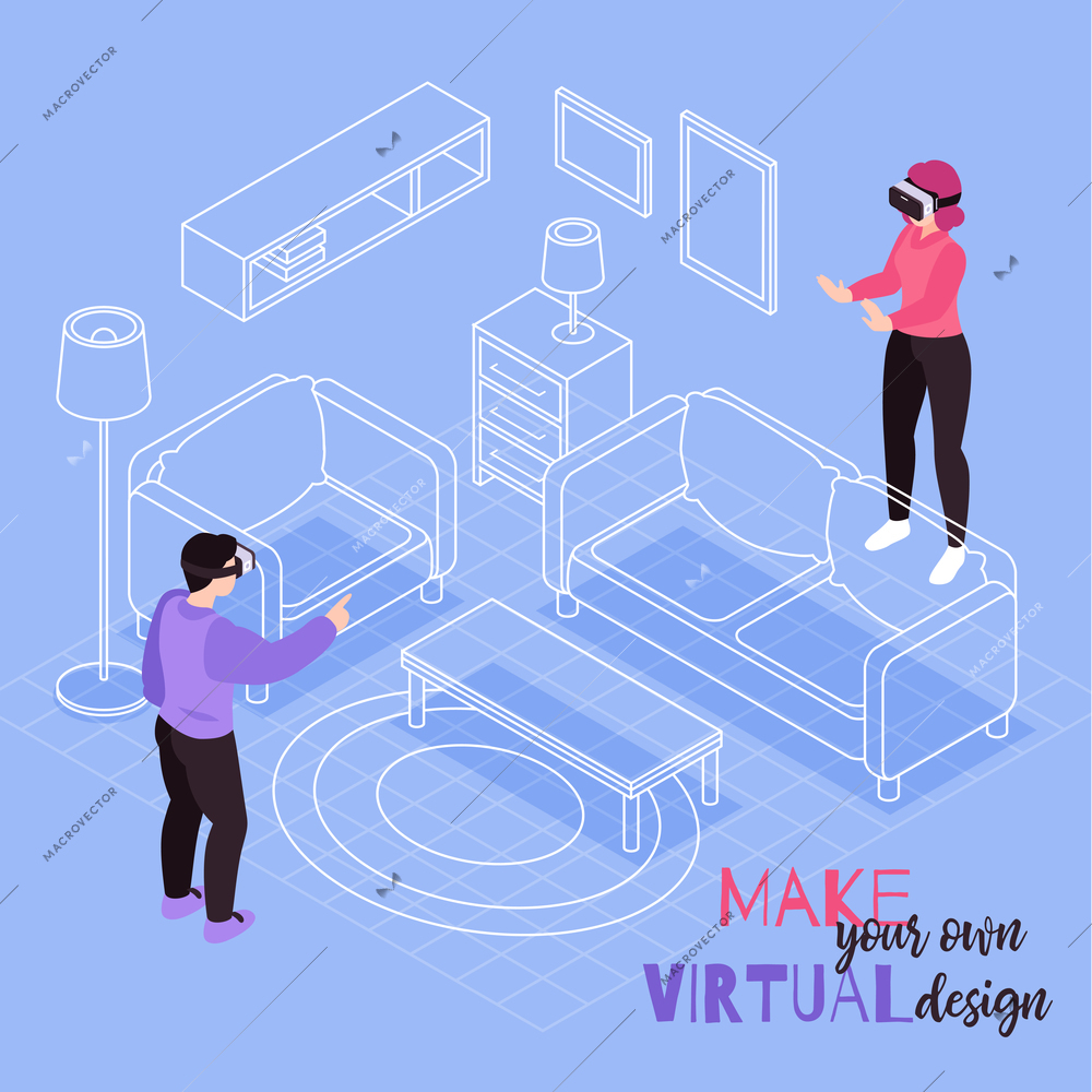 Virtual reality room furnish design isometric composition with visual 3d ar furniture configuration blue background vector illustration