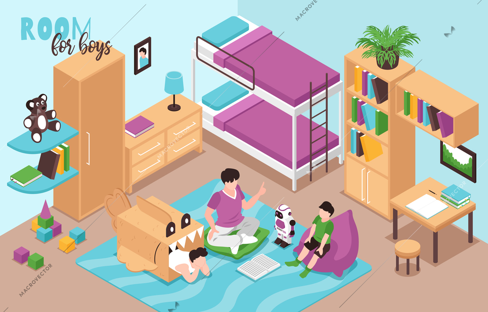 Kids boy room interior isometric view with bunk bed bookcase bookshelves toys robot cardboard shark vector illustration