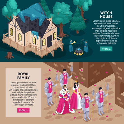 Fairy tale website 2 isometric horizontal web banners with magical witch house and royal family vector illustration