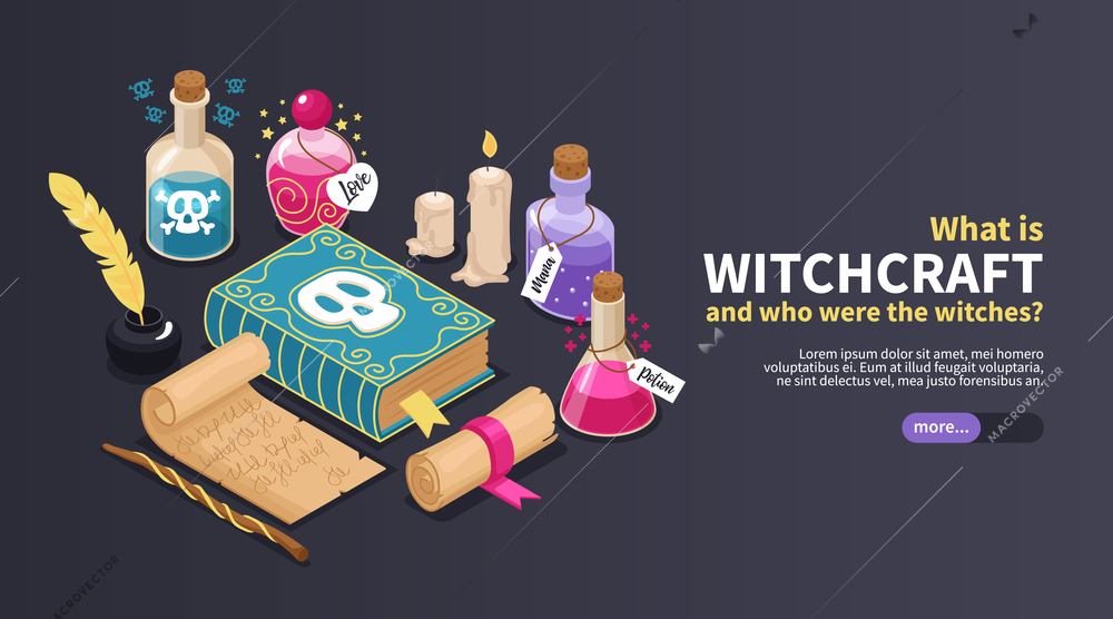 What is witchcraft horizontal banner with ancient manuscripts and glass bottles for magical potion isometric vector illustration