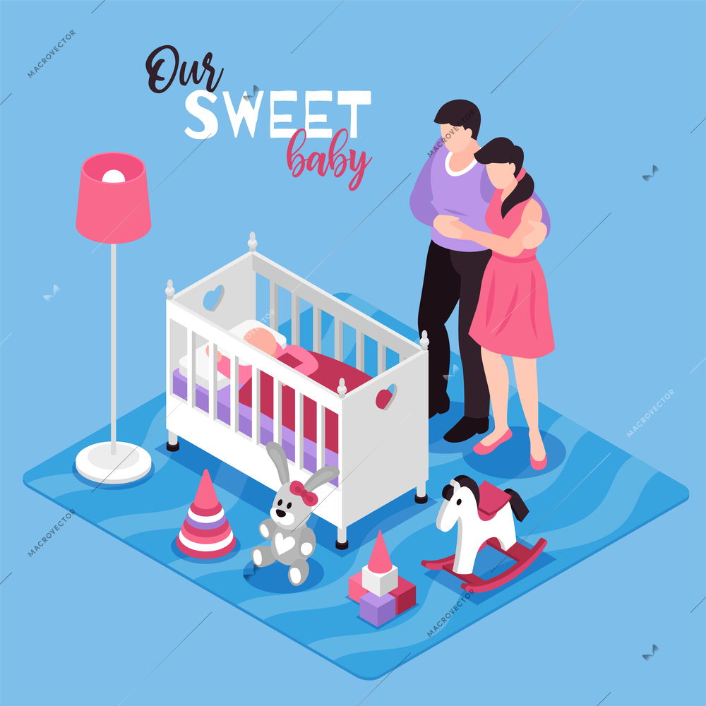 Children room interior isometric composition with hugging parents baby in cot toys lamp blue background vector illustration