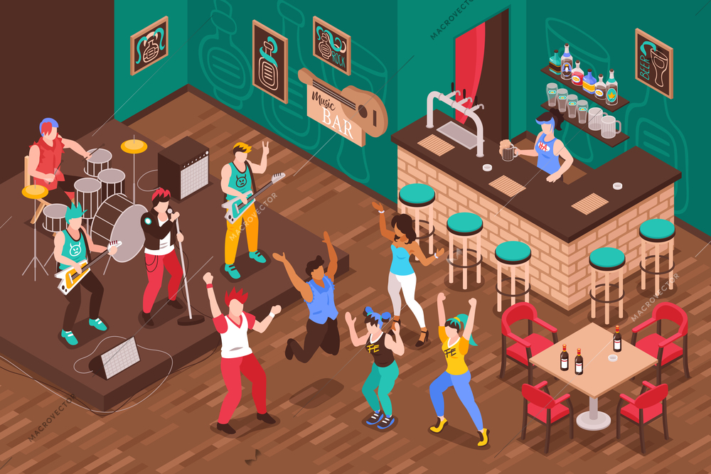 Music bar isometric interior with bartender at bar counter musicians and dancing visitors vector illustration