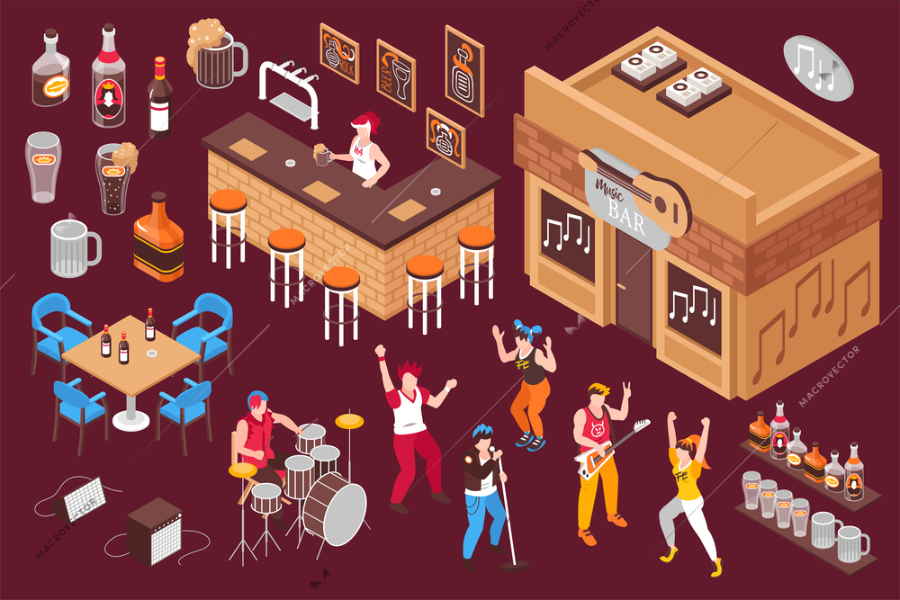 Music bar elements isometric set with bartender   pouring beer working musicians and dancing young people isolated vector illustration