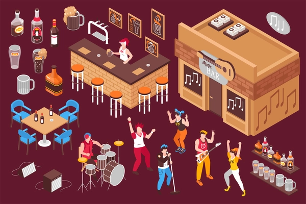 Music bar elements isometric set with bartender   pouring beer working musicians and dancing young people isolated vector illustration