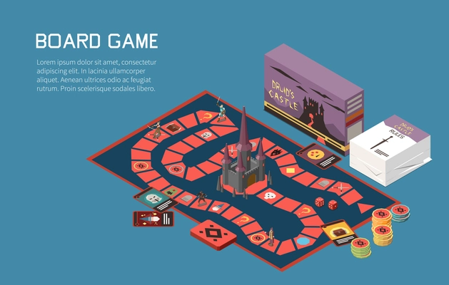 People playing board games isometric background with text and desktop game with cards and colourful chips vector illustration