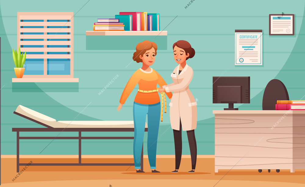 Nutritionist counseling cartoon composition with female client body mass index control in dietitian office vector illustration