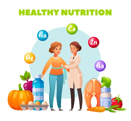 Healthy nutrition dietitian recommendation flat composition with body mass index control vegetables salmon eggs supplements vector illustration