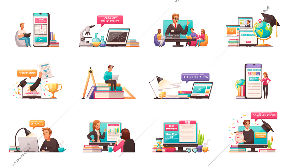 Online education professional certificate courses self learning with smartphone laptop 12 cartoon compositions set isolated vector illustration