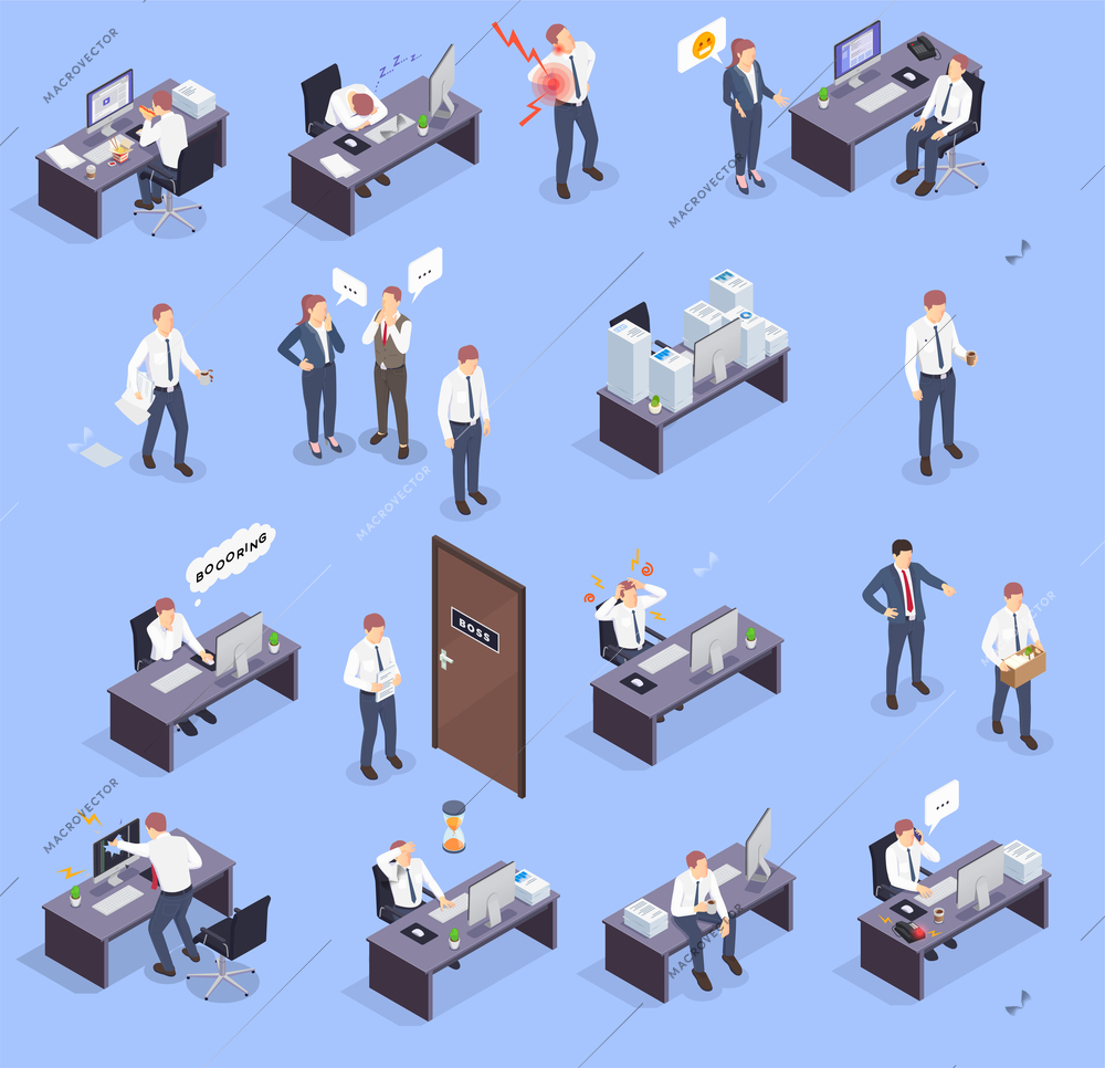 Problem situations at work isometric icon set with man in office stress at work par example vector illustration