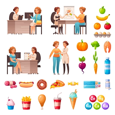 Nutritionist dietary recommendations cartoon icons set with appointment treatment healthy meals vitamins products to avoid vector illustration