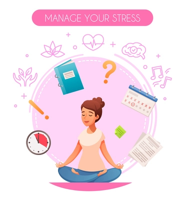 Healthy lifestyle stress managing circular cartoon composition with sitting in yoga lotus pose music meditation vector illustration