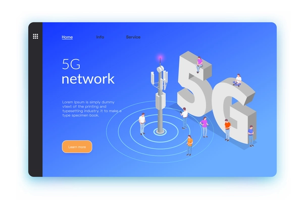 Wireless technologies isometric banner or landing page with five g network headline and links vector illustration