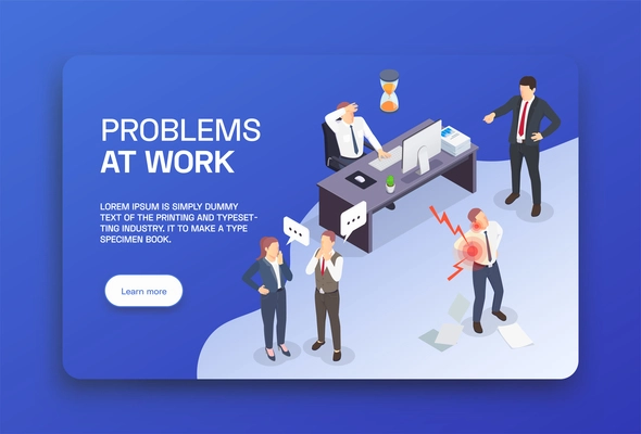 Problem situations at work isometric colored landing page with headline and learn more button vector illustration