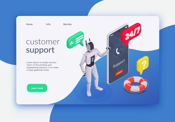 Customer service isometric landing page with customer support headline and green button learn more vector illustration