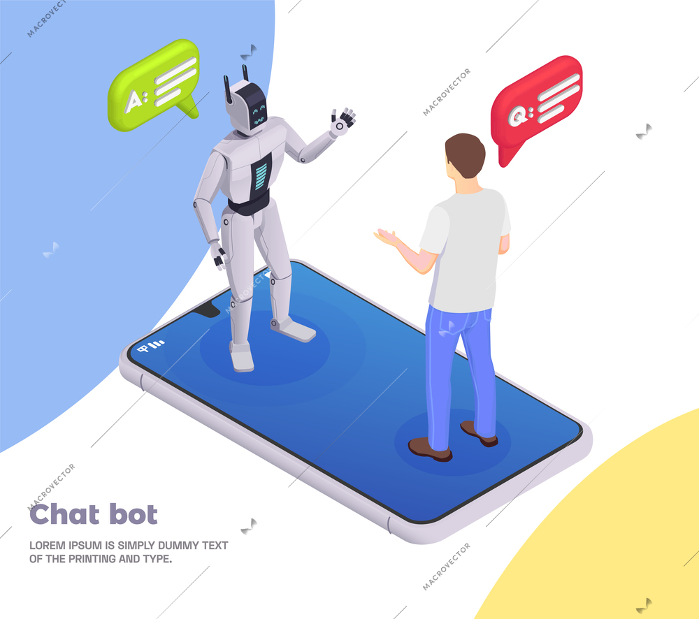 Customer service isometric concept chat bot headline and abstract situation with robot and human talk vector illustration