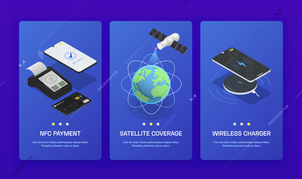 Three vertical isometric wireless technologies banner set with nfc payment satellite coverage and wireless charger headlines vector illustration