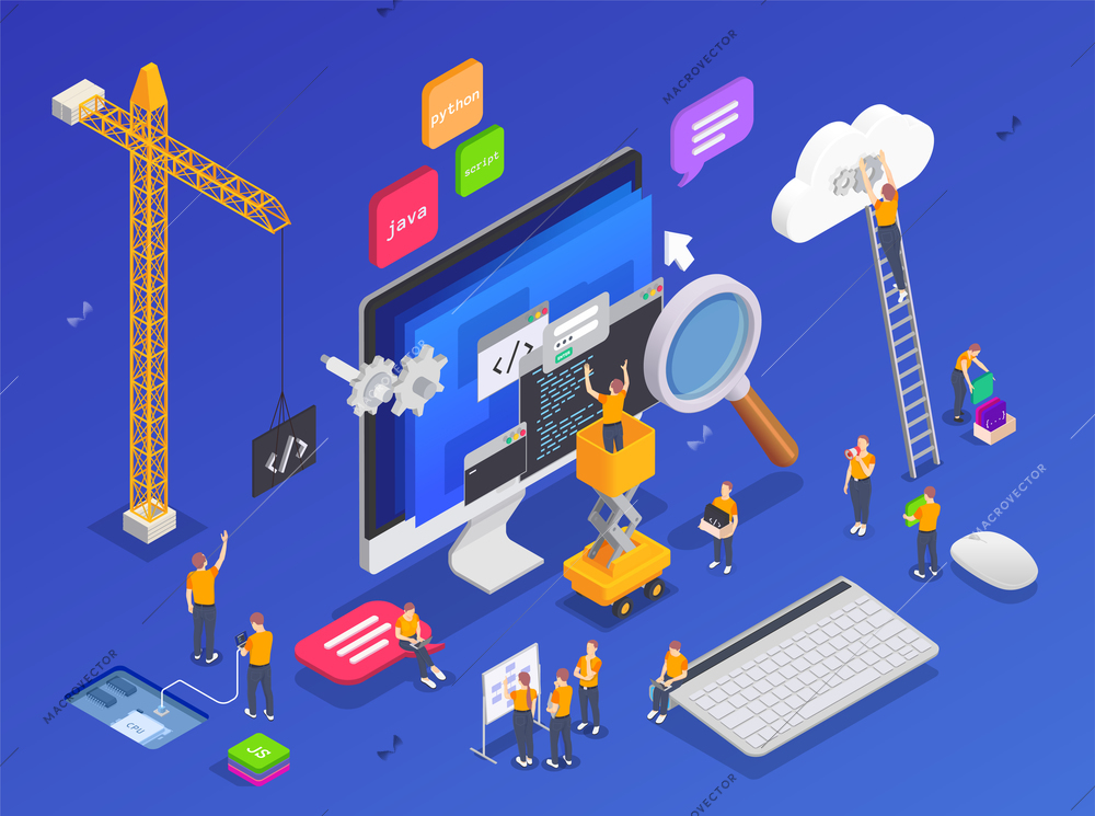 Colored programming coding development isometric concept with tools and elements of programming vector illustration