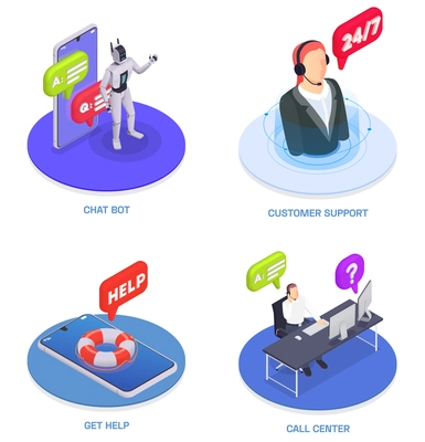 Customer service isometric icon set with chat bot support get help and call center descriptions vector illustration