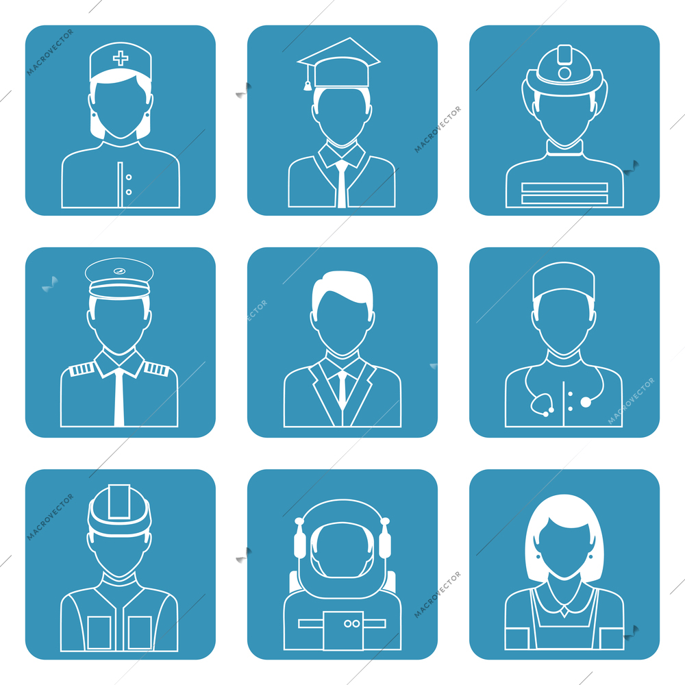 Avatar professions outline icons set of astronaut graduate student manager clerk isolated vector illustration