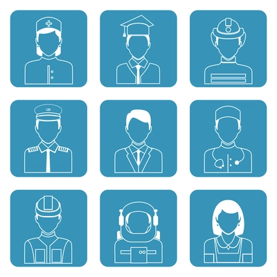 Avatar professions outline icons set of astronaut graduate student manager clerk isolated vector illustration