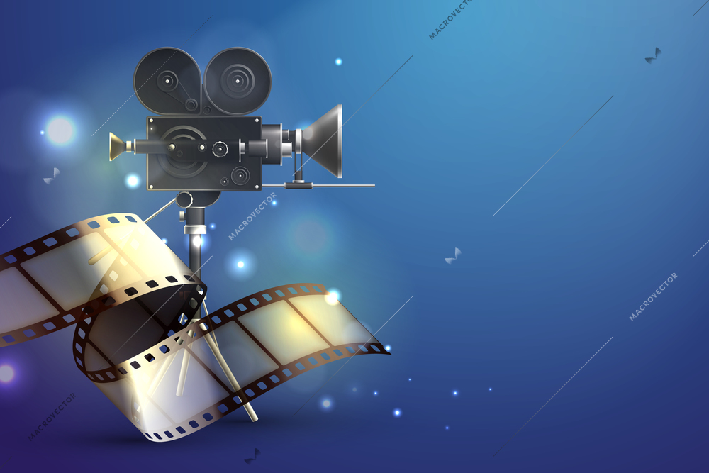 Film stripes realistic composition with abstract gradient background blurry lights and classic filming camera with reel vector illustration