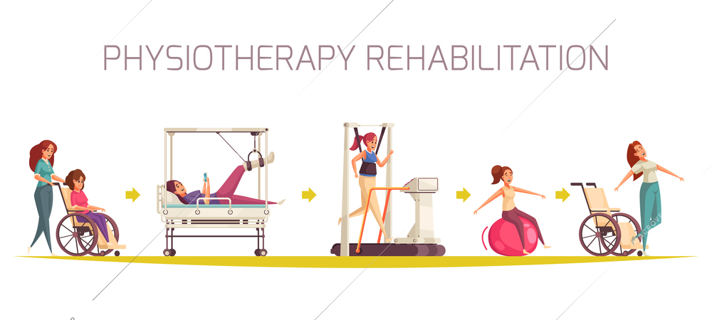 Physiotherapy rehabilitation composition with set of human characters doing physical exercises with medical appliances and arrows vector illustration