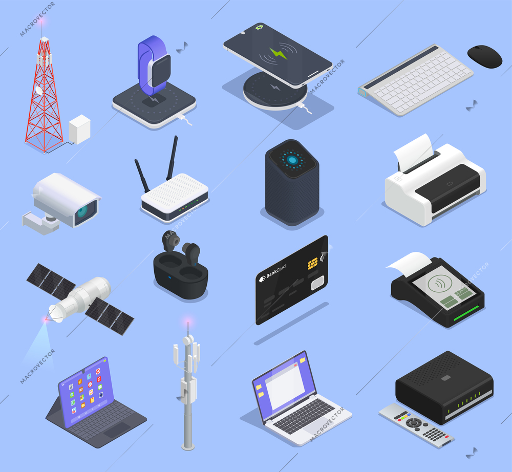 Wireless technologies isometric icon set with laptop receiver switcher scanner and other equipment vector illustration