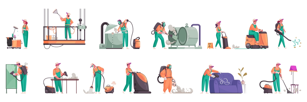 Cleaning color set of isolated icons and human characters of professional cleaners in uniform with detergents vector illustration