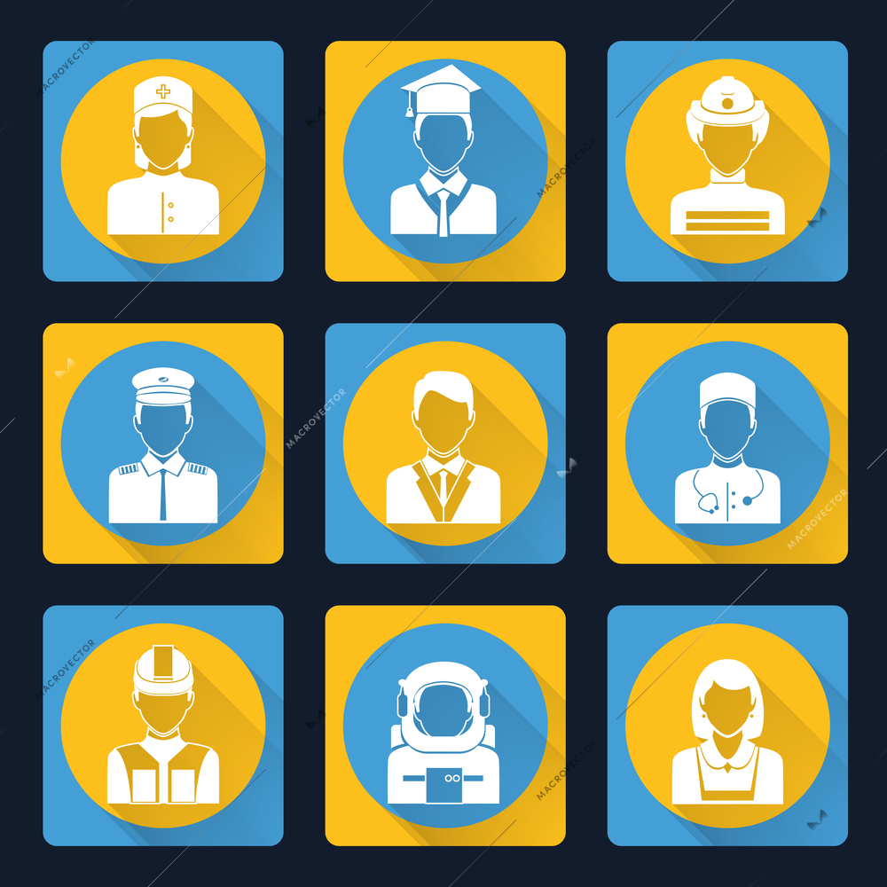 Avatar profile portraits flat icons set of pilot assistant clerk doctor isolated vector illustration heads