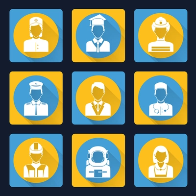 Avatar profile portraits flat icons set of pilot assistant clerk doctor isolated vector illustration heads