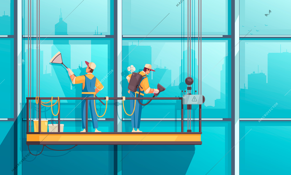 Cleaning composition with view of tall building and group of workers cleaning windows on hanging stage vector illustration