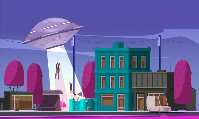 Alien ufo abduction composition with view of town street with houses and people flying into ufo vector illustration