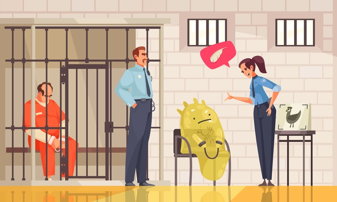 Alien ufo composition with cartoon character of alien in police department with officers prisoner in cage vector illustration