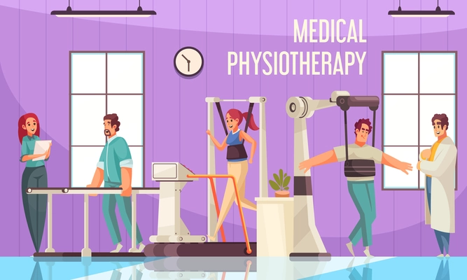 Physiotherapy rehabilitation composition with indoor view of clinic gymnasium with medical apparatus and characters of patients vector illustration