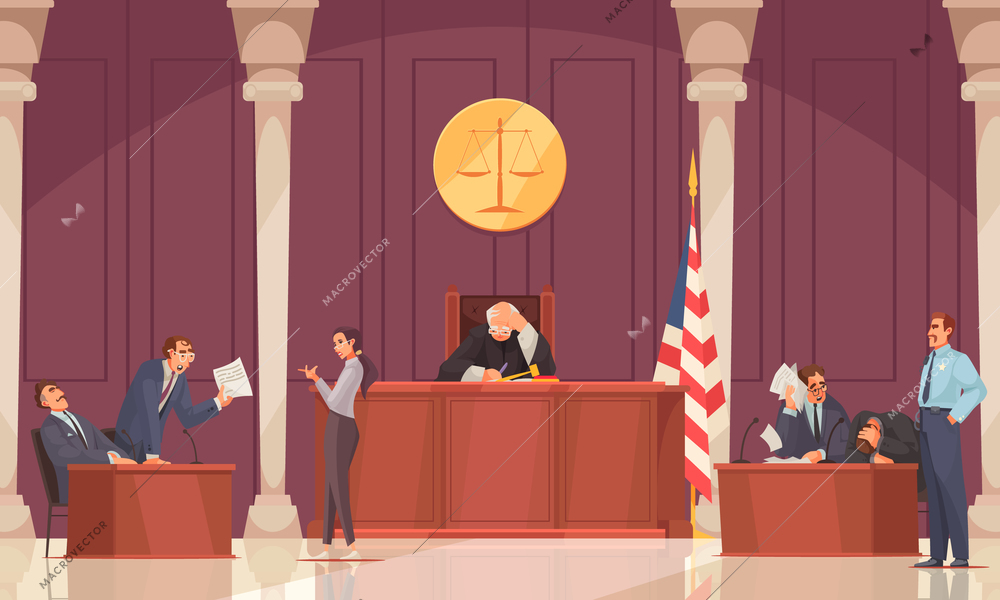 Law justice composition with court house indoor scenery and attorneys with judge and prosecutors human characters vector illustration