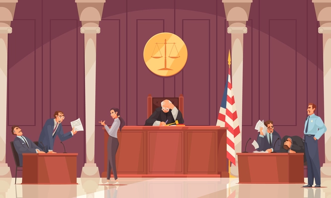 Law justice composition with court house indoor scenery and attorneys with judge and prosecutors human characters vector illustration