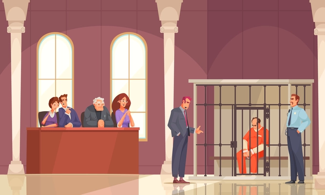 Law justice composition with indoor court scenery and prisoner in cage with trial jury human characters vector illustration