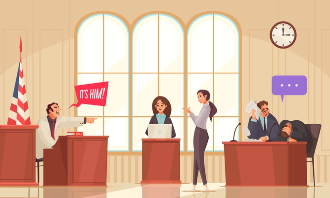 Law justice lawyer composition with indoor court house scenery and doodle human characters with thought bubbles vector illustration