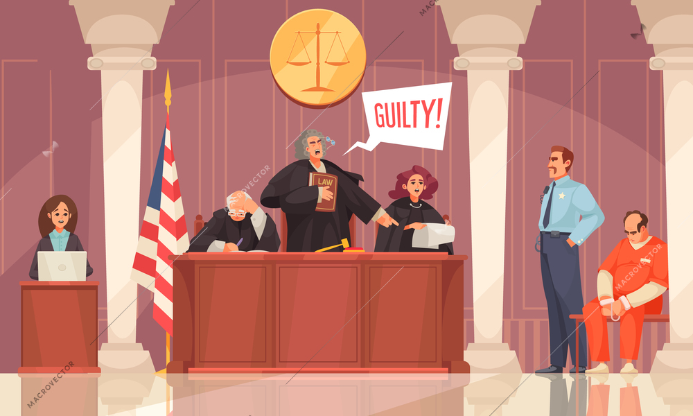 Law justice composition with indoor view of court session with tribunal members and guilty in wristbands vector illustration