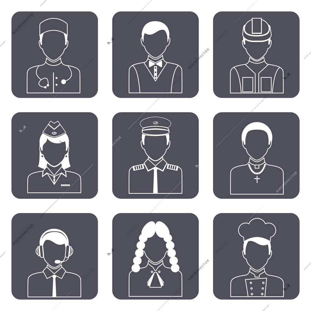 Avatar professions outline icons set of church priest engineer lawyer manager isolated vector illustration