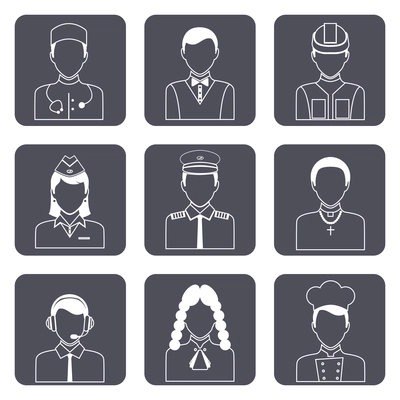 Avatar professions outline icons set of church priest engineer lawyer manager isolated vector illustration