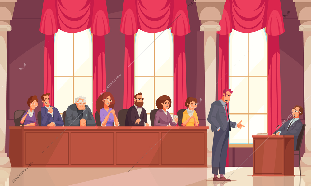Law justice jury composition with doodle human characters of attorney and trial jury indoor session members vector illustration