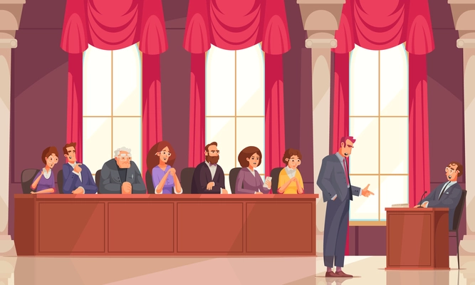 Law justice jury composition with doodle human characters of attorney and trial jury indoor session members vector illustration