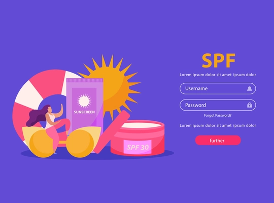 Sunscreen care flat background with images of protective creams and fields for entering username and password vector illustration